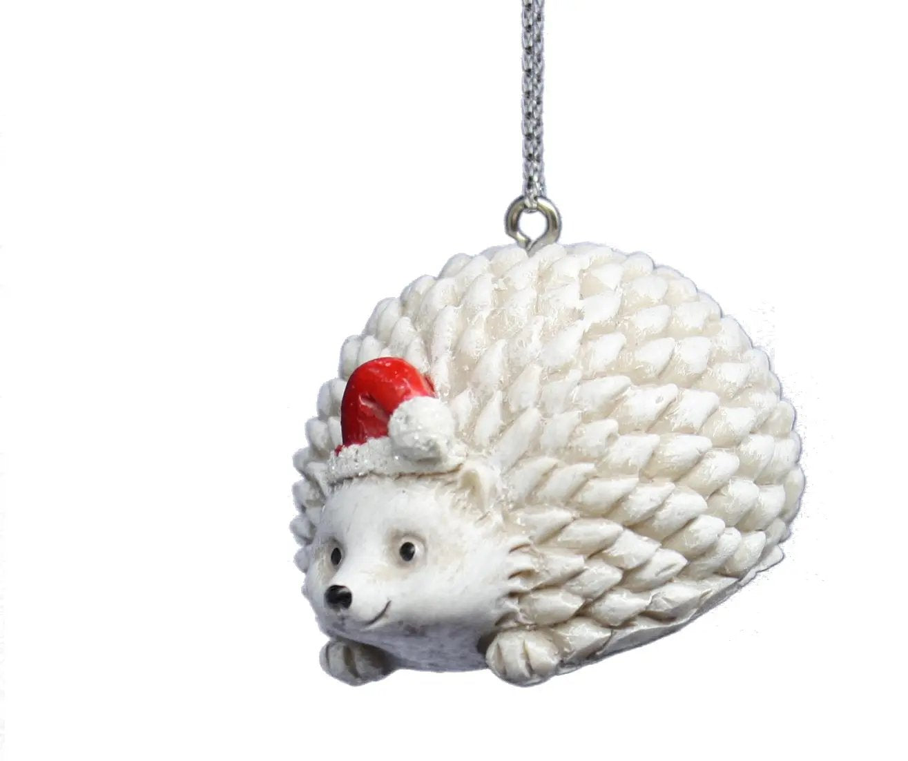 Pudgy white hedgehog ornament with red Santa hat hanging holiday animal decor on Tampa Home & Garden Store