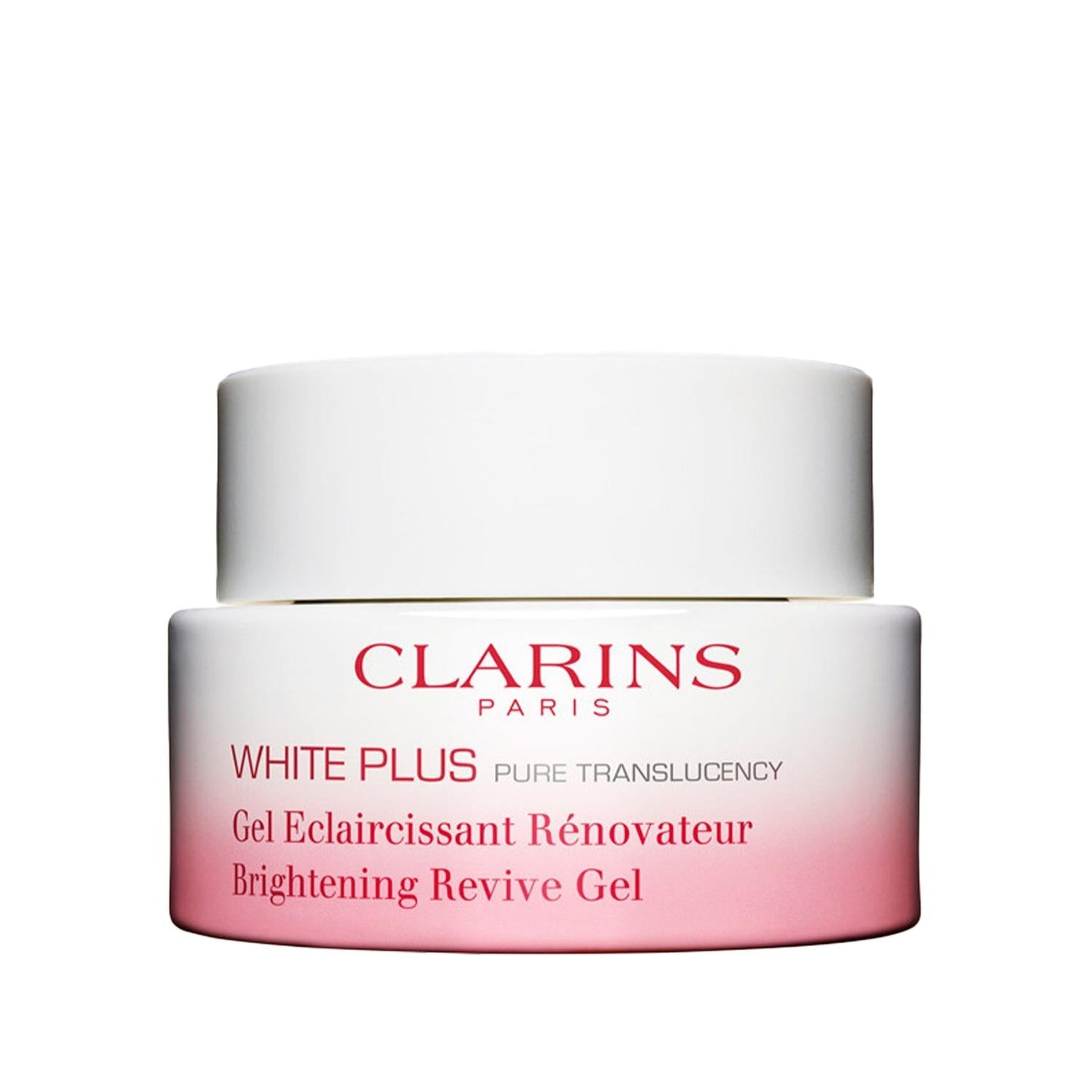 Clarins White Plus Brightening Revive Gel jar with white cap and pink gradient label on Tampa Home & Garden Store