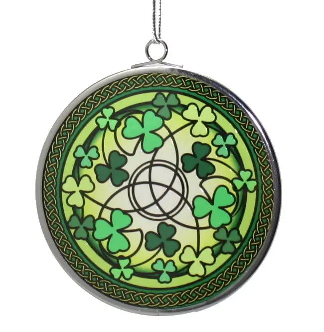 Green shamrock stained-glass ornament with Celtic knot border, round glass decor on Tampa Home & Garden Store
