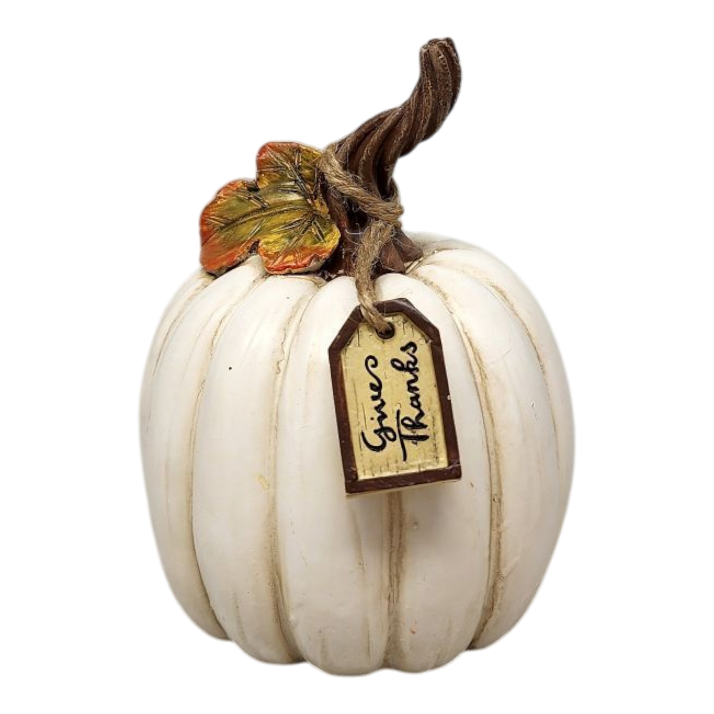 Charming Harvest Pumpkin Decor polyresin 4-inch white pumpkin with twisted stem and tag on Tampa Home & Garden Store