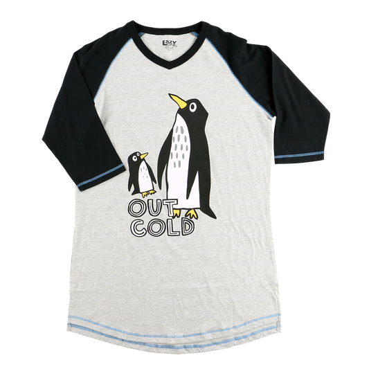 Penguin tall tee tunic with raglan sleeves, grey body, black sleeves, penguins graphic OUT COLD on Tampa Home & Garden Store