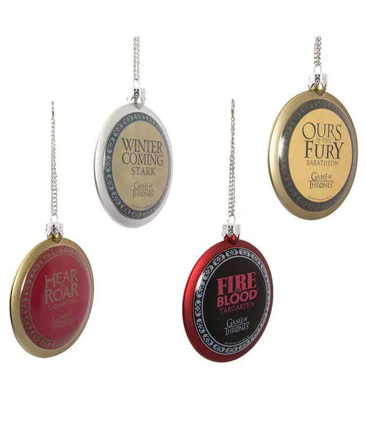 Game of Thrones Disc Ornaments 4-Piece Box Set; 3in metal discs in silver, gold, red on Tampa Home & Garden Store