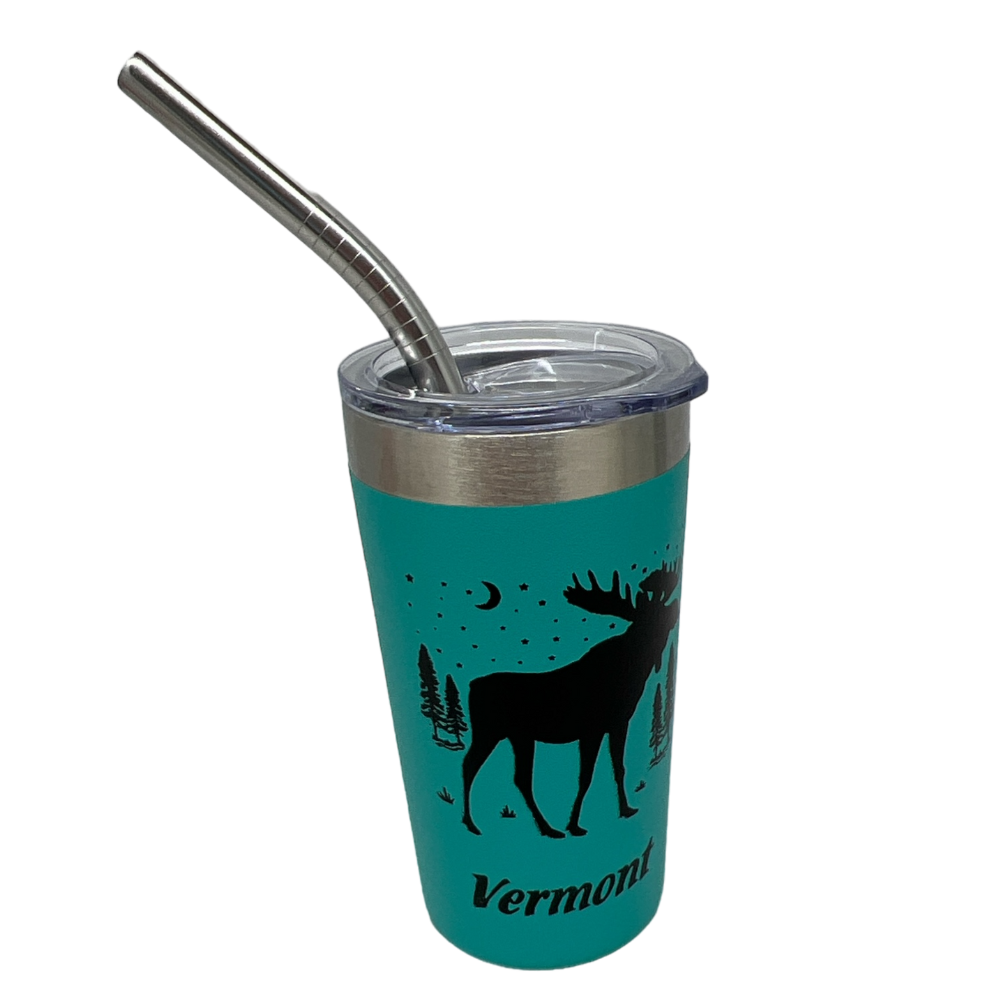 Vermont Moose aqua 2oz shooter cup; teal tumbler with moose silhouette and stainless straw on Tampa Home & Garden Store