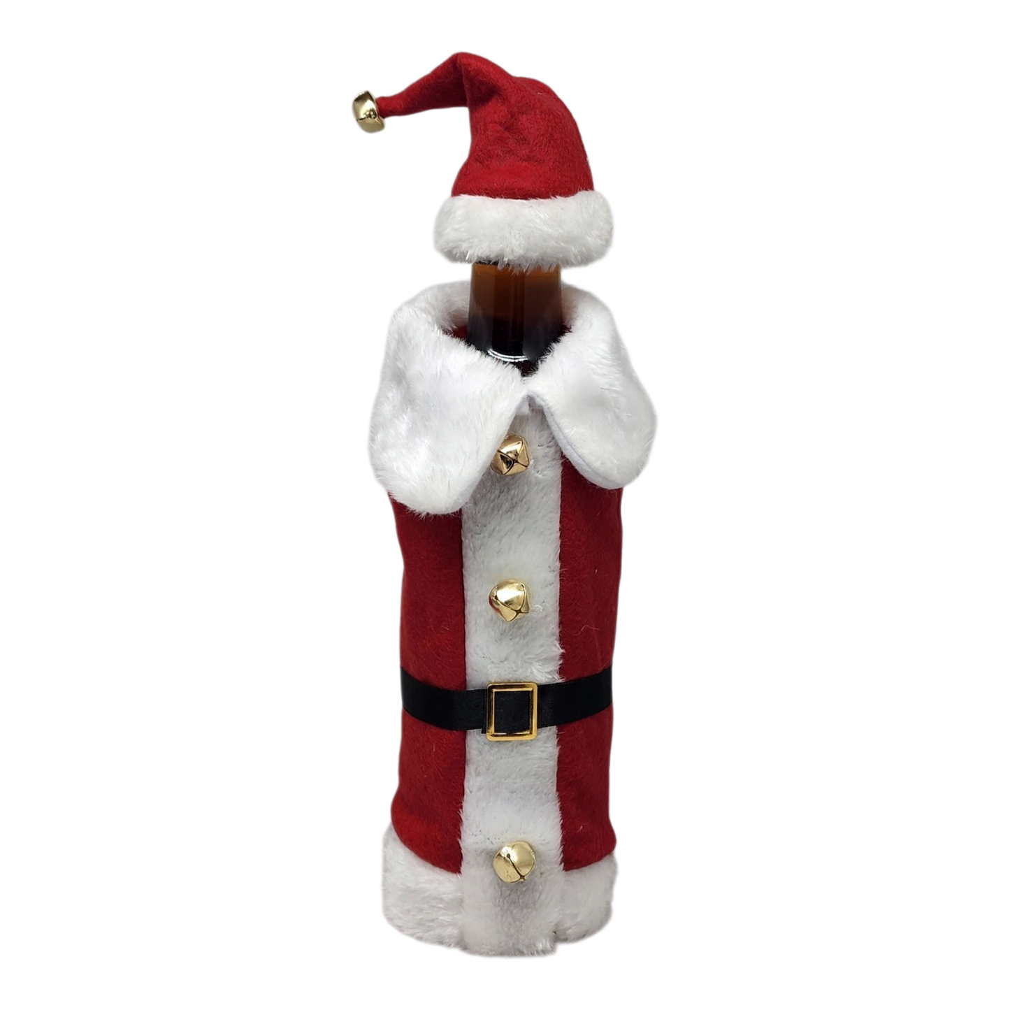 Santa bottle coat decor red plush wrap with white faux fur trim and bells by The Country Christmas Loft on Tampa Home & Garden Store