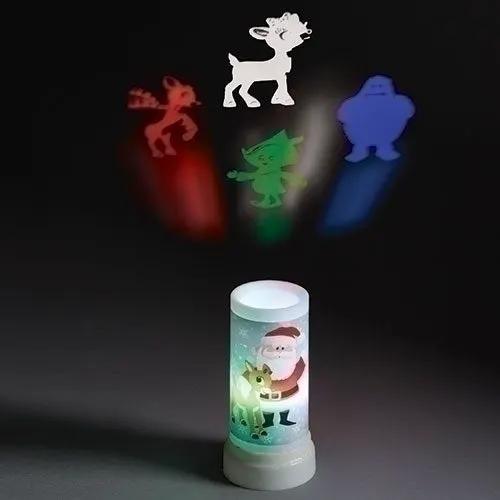 Rudolph LED Projection Night Light; white cylindrical base with Santa and reindeer, projections on Tampa Home & Garden Store