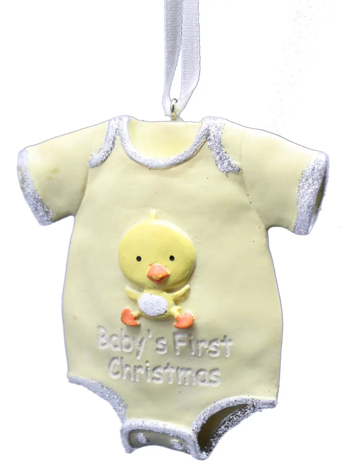 Baby's First Christmas Onesie Ornament with yellow duck motif and glitter trim on Tampa Home & Garden Store