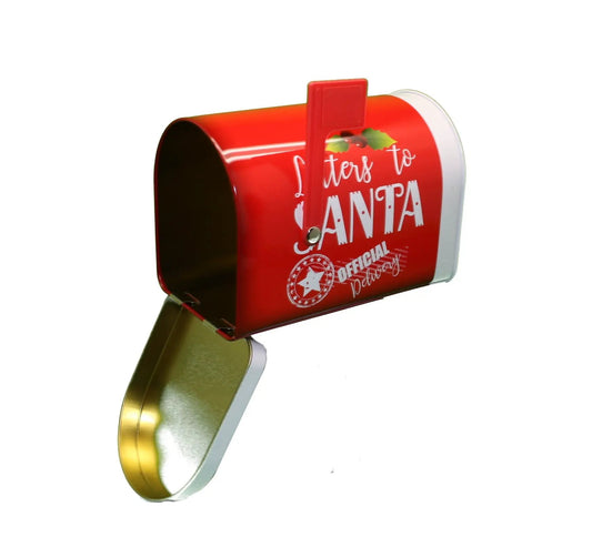 Santa's Mailbox Gift Tin red mailbox-style holiday novelty for treats on Tampa Home & Garden Store