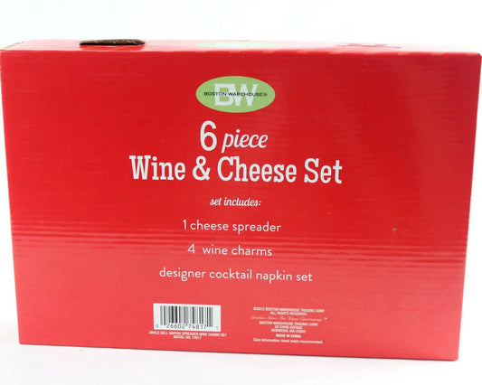 Jingle Bell Napkin Spreader with 4 wine charms, 6-piece Wine & Cheese Set on Boston Warehouse box on Tampa Home & Garden Store