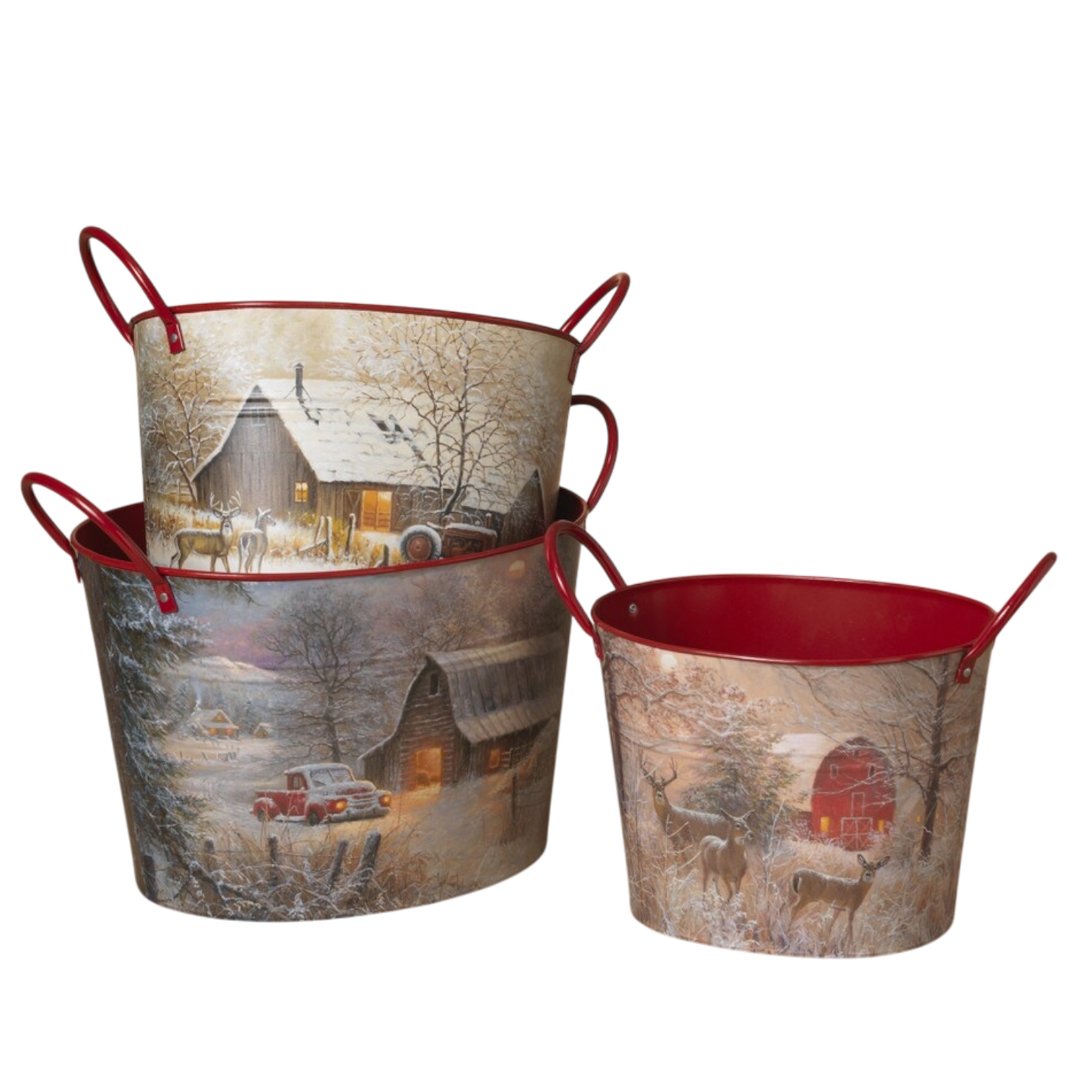 Metal Holiday Design Oval Rustic Bucket Set, 3 red buckets with village scenes on Tampa Home & Garden Store