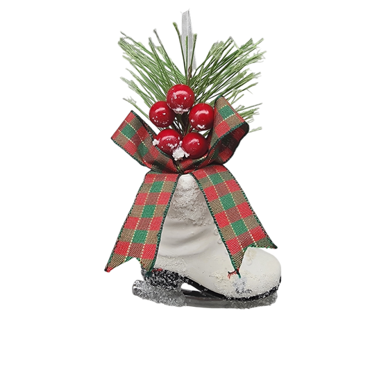 Floral Ice Skate Ornament with plaid bow, frosted greenery and red berries on Tampa Home & Garden Store