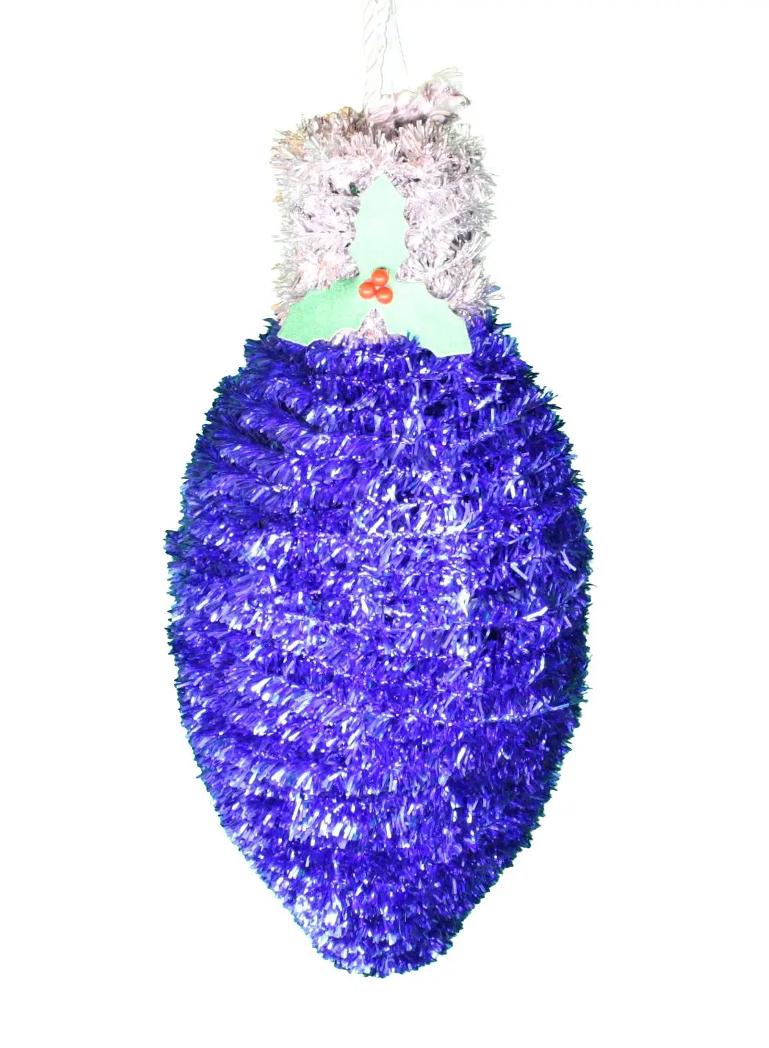 Oversize Tinsel Bulb Ornament with Hanging Rope in purple metallic tinsel on Tampa Home & Garden Store