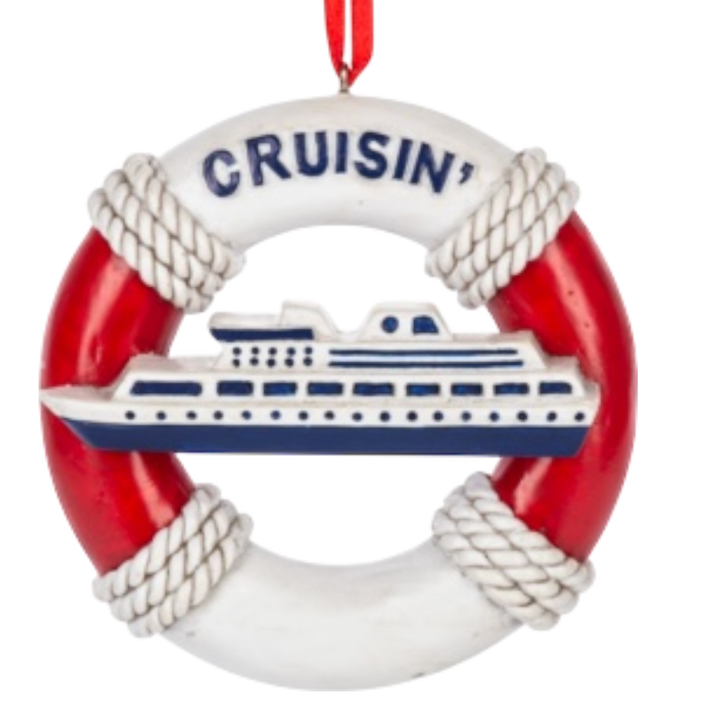 Cruise ship ornament Cruisin' on Deck, white ship with blue windows and red rope accents on Tampa Home & Garden Store