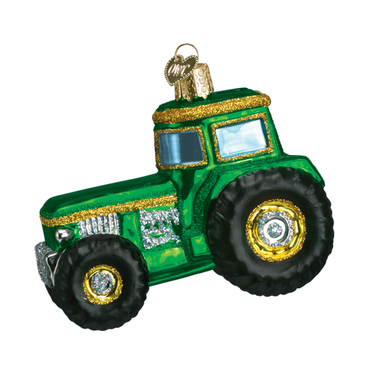 Green tractor glass ornament with gold glitter accents by The Country Christmas Loft on Tampa Home & Garden Store