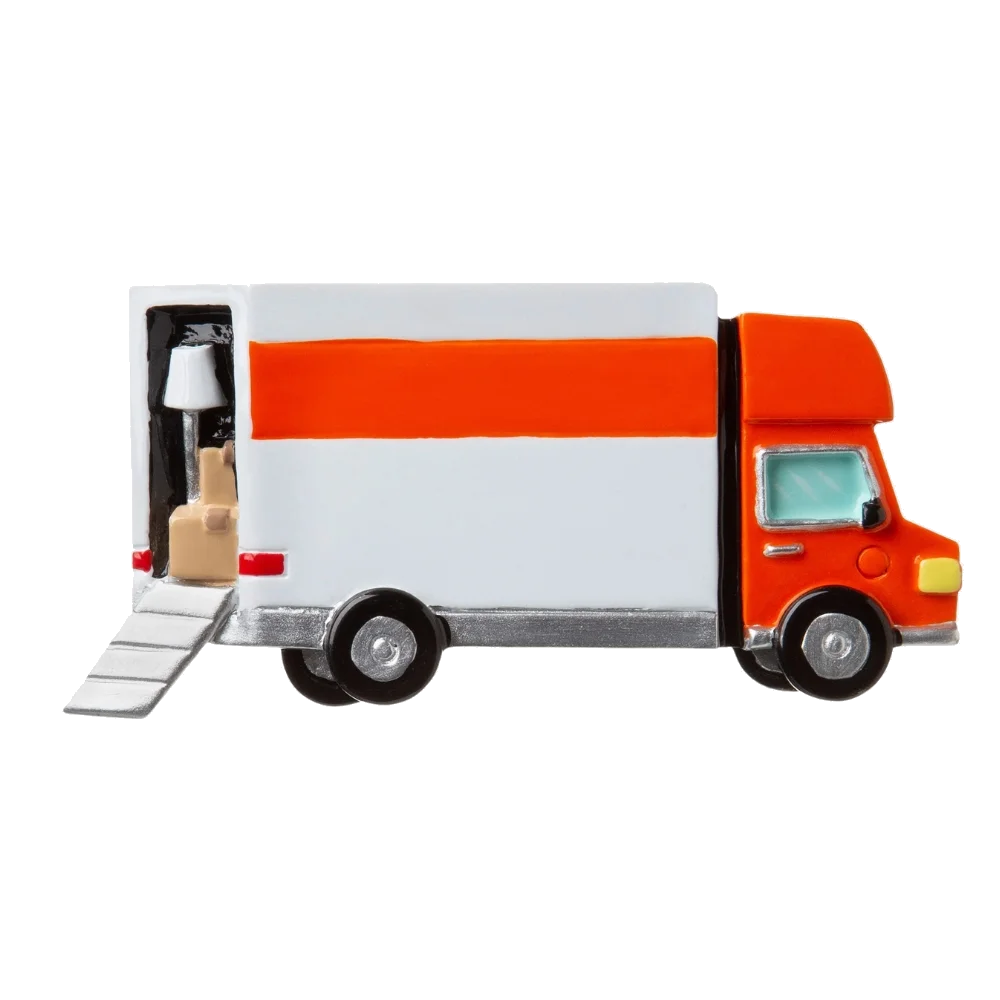 Moving van Christmas ornament orange white with loading ramp by The Country Christmas Loft on Tampa Home & Garden Store
