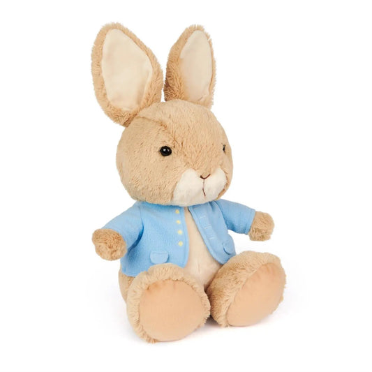 Peter Rabbit Silly Pawz plush bunny wearing a sky blue jacket with soft beige fur on Tampa Home & Garden Store