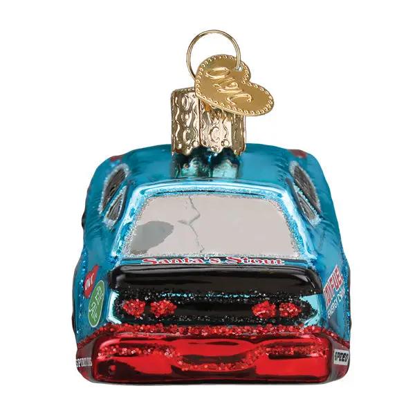 Santa Express Sports Racing Car Ornament blue metallic body with gold cap hanger on Tampa Home & Garden Store