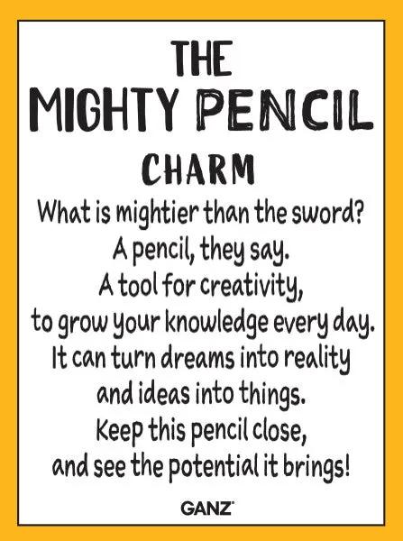 The Mighty Pencil Charm orange-bordered white card, GANZ branding, Charms on Tampa Home & Garden Store