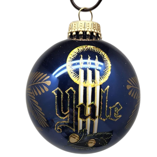 Krebs Value Glass Ball Ornament Yule Tide by Country Christmas Loft, blue glass with gold crest on Tampa Home & Garden Store