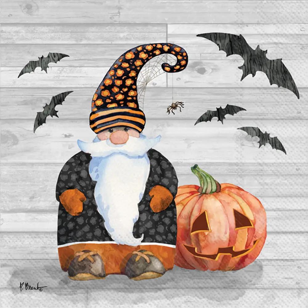 Whimsical Halloween Gnome cocktail napkins with orange striped hat, black coat, and pumpkin on Tampa Home & Garden Store