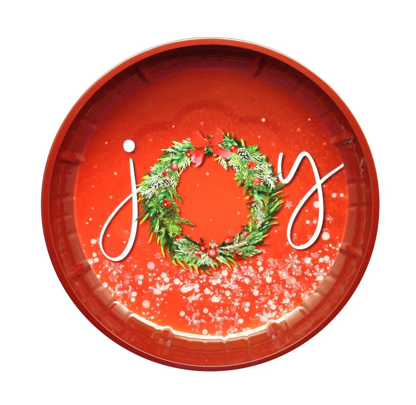 Christmas tin dinner plate 10 Inch with festive wreath on red background on Tampa Home & Garden Store