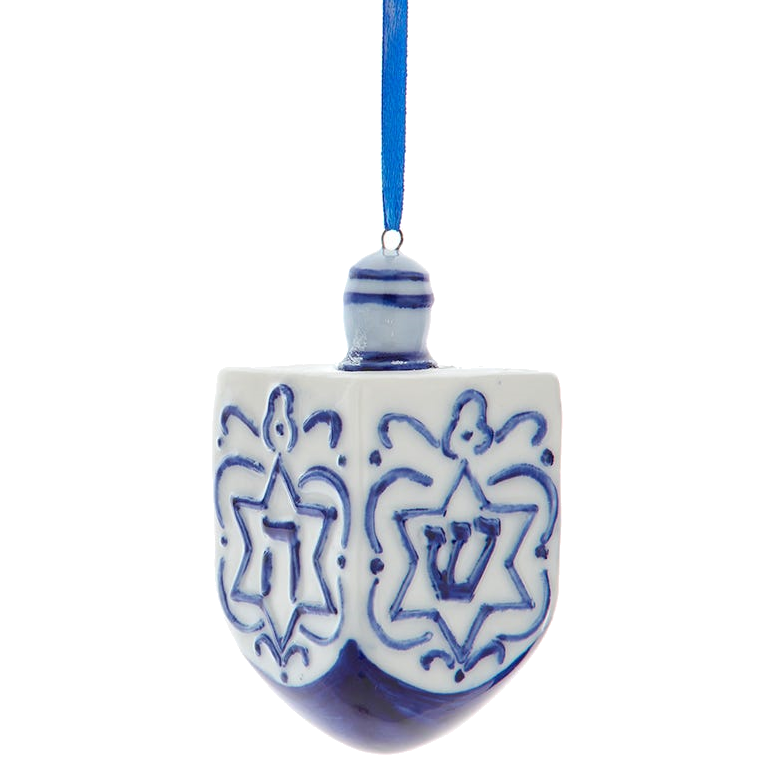 Porcelain Hanukkah Dreidel Ornament by Country Christmas Loft, blue and white with Star motifs on Tampa Home & Garden Store