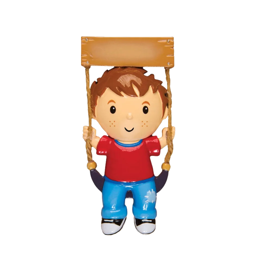 Colorful Boy on Swing Ornament with red shirt blue pants brown hair on Tampa Home & Garden Store