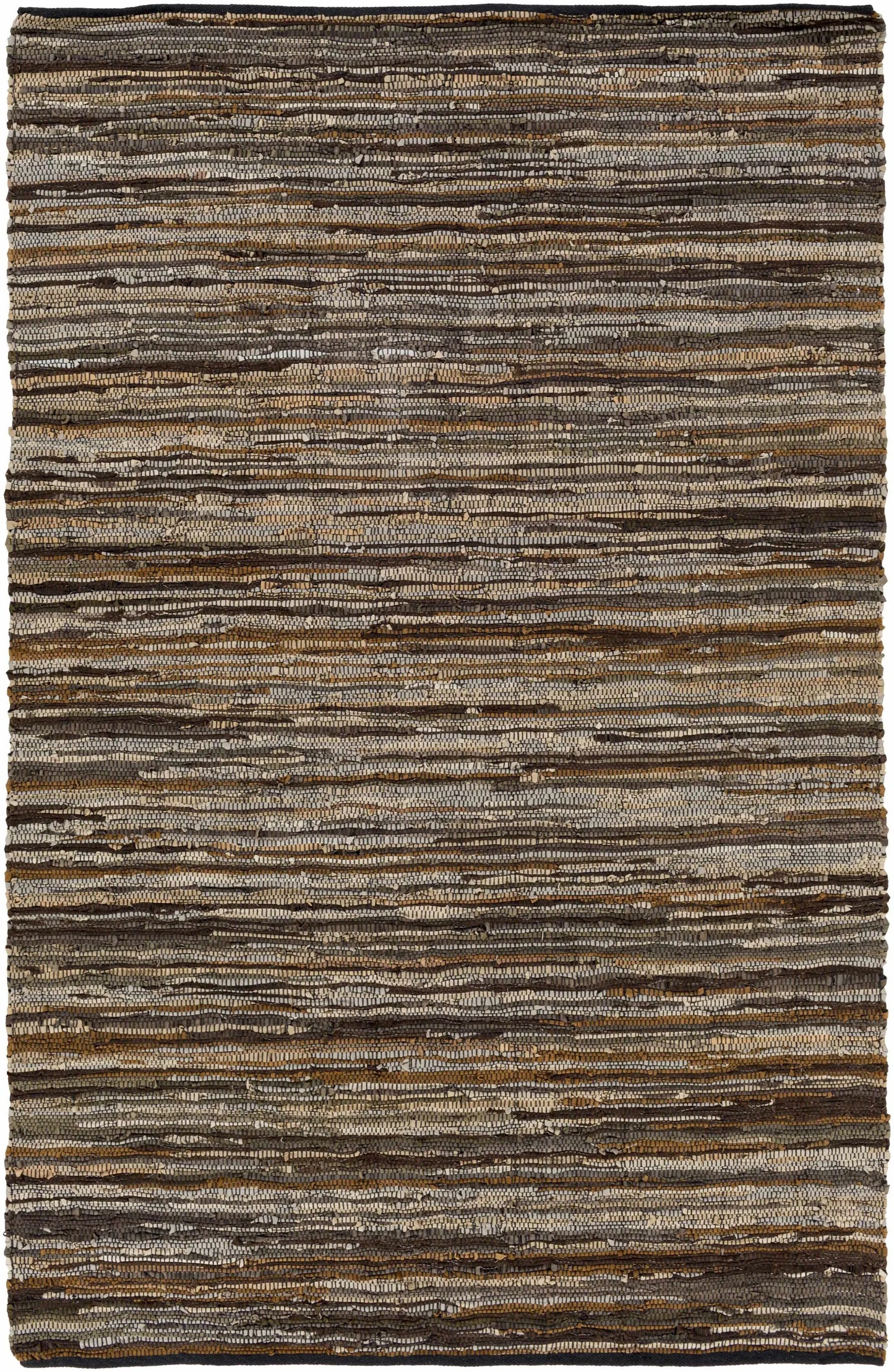 Hand woven leather rag rug in tan and brown tones with dense textured stripes on Tampa Home & Garden Store