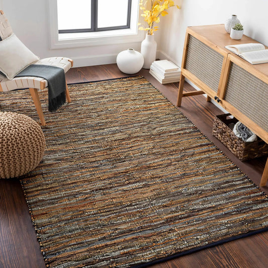 Hand woven leather rag rug tan by Boutique Rugs with textured stripe pattern on Tampa Home & Garden Store