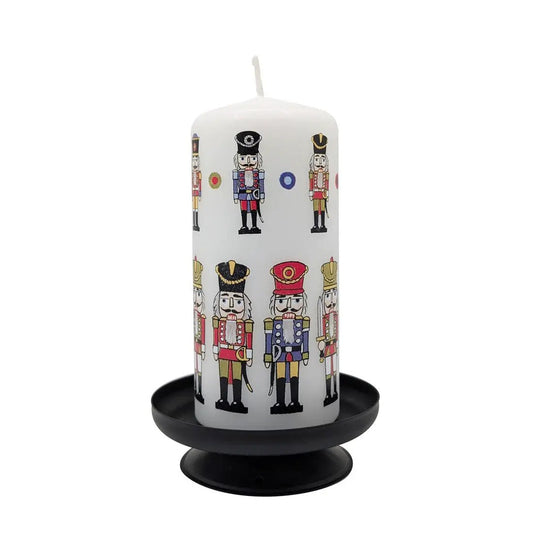 Nutcracker Pillar Candle with nutcracker print on black pedestal Country Christmas Loft on Tampa Home & Garden Store