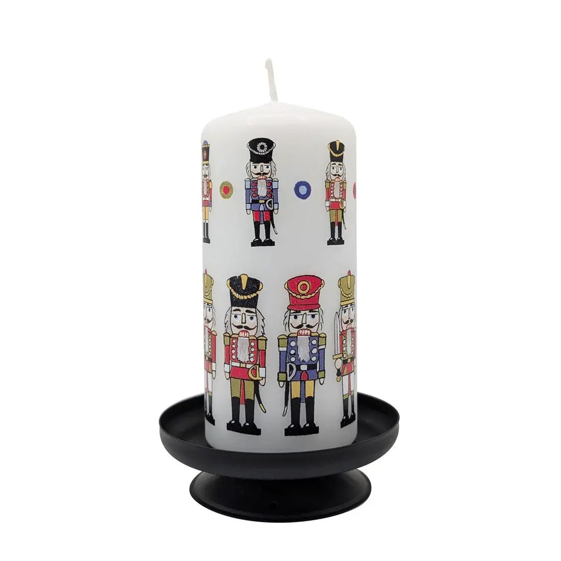 Nutcracker Pillar Candle with nutcracker print on black pedestal Country Christmas Loft on Tampa Home & Garden Store