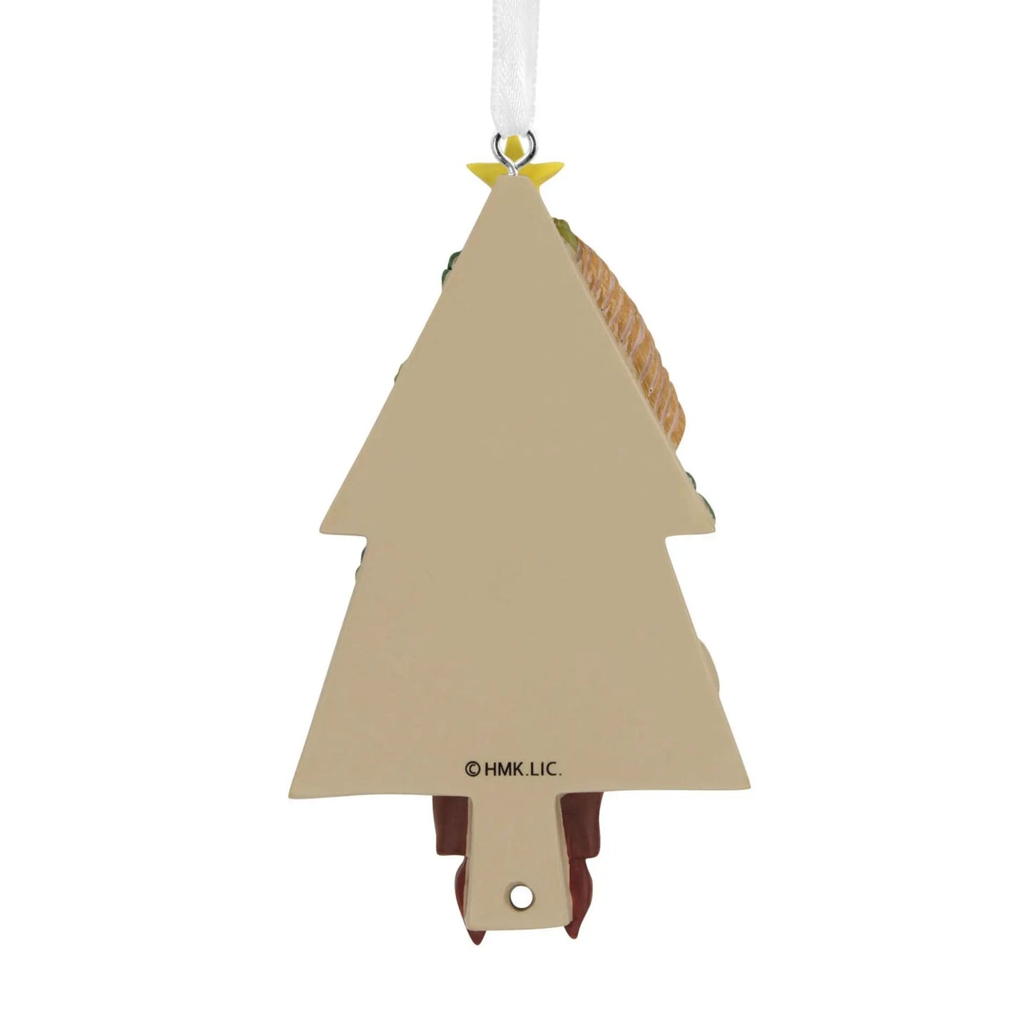 Christmas Tree Charcuterie Board Ornament with beige wood finish, yellow star, white ribbon on Tampa Home & Garden Store