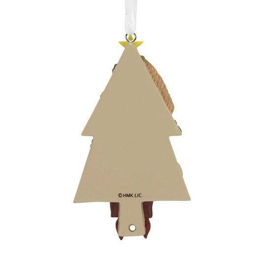 Christmas Tree Charcuterie Board Ornament with beige wood finish, yellow star, white ribbon on Tampa Home & Garden Store