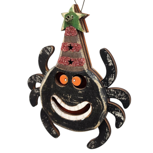 Spooky Spider Ornament wooden rustic decor with orange eyes on Tampa Home & Garden Store