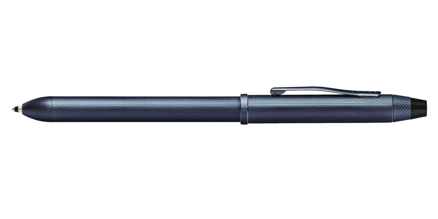 Tech3+ Dark Blue PVD multifunction pen by A.T. Cross, textured blue metal barrel with clip on Tampa Home & Garden Store