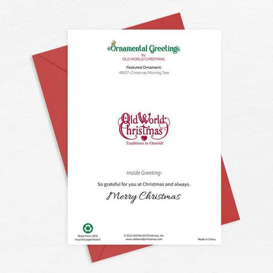 Old World Ornaments Christmas Card with Glitter by The Country Christmas Loft, card and red envelope on Tampa Home & Garden Store