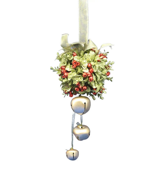 Cardinal Jingle Bell Door Hanger with gold kissing ball, glittery green foliage, red berries and ribbon on Tampa Home & Garden Store