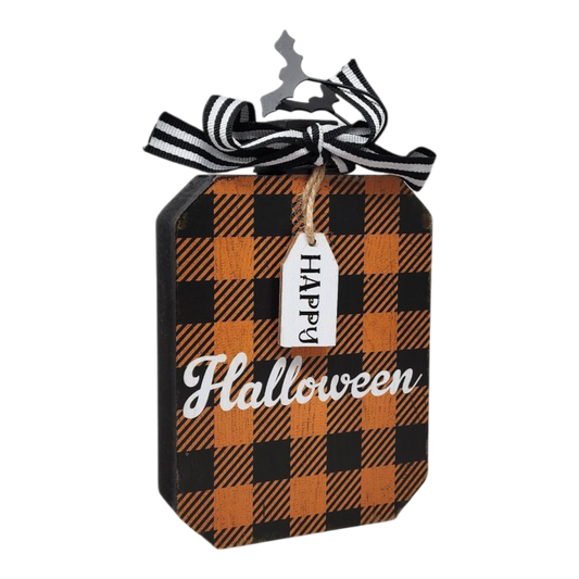 Halloween shelf sitter decor tag MDF wood with orange plaid gift box and black striped ribbon on Tampa Home & Garden Store