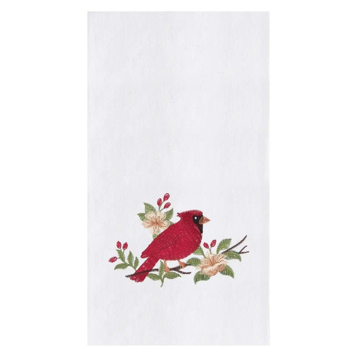 Cardinal Blossom Embroidered Kitchen Towel white linen with red cardinal and floral motif on Tampa Home & Garden Store