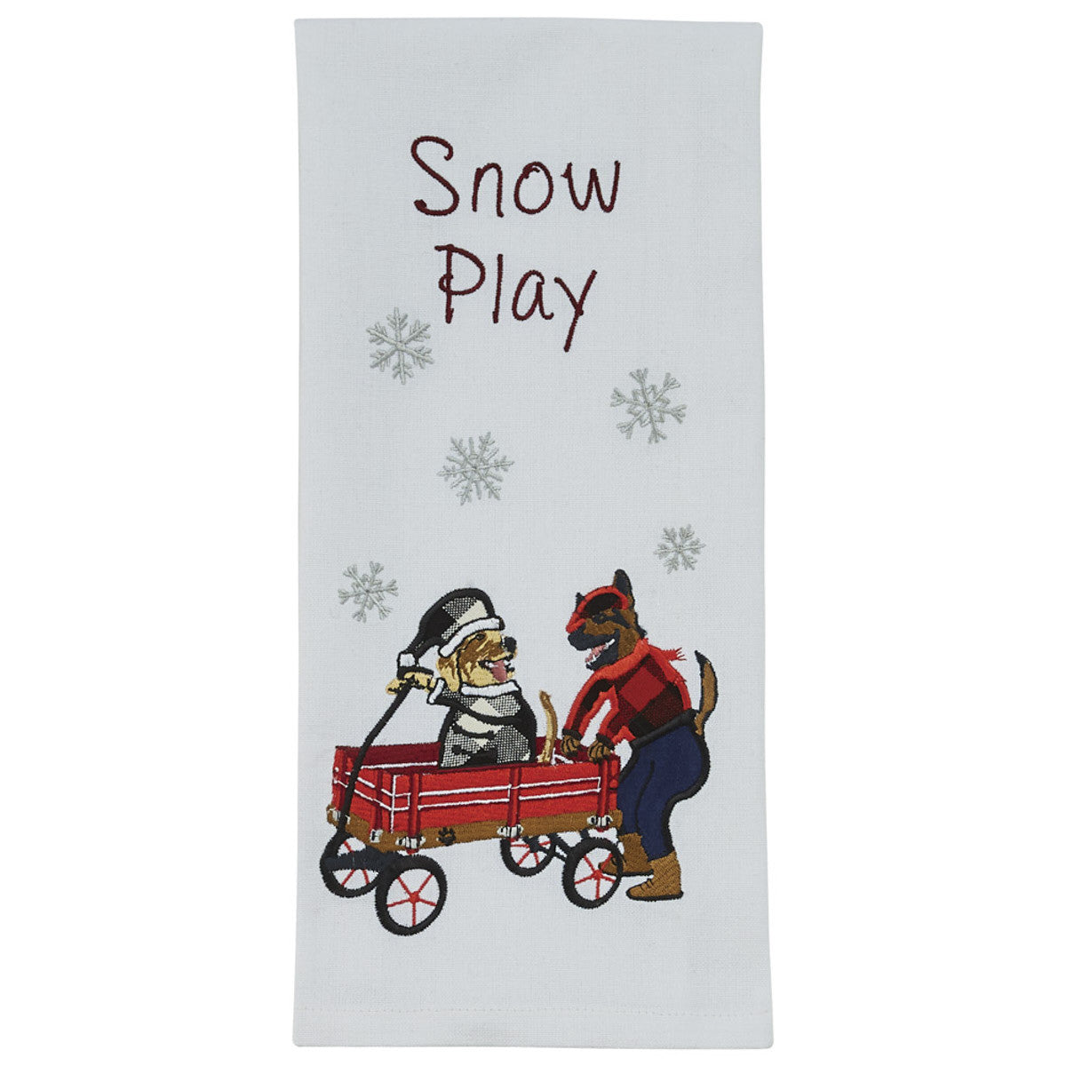 Snow Play dishtowel Park Designs Cotton with snowflakes and two dogs in a red wagon on Tampa Home & Garden Store