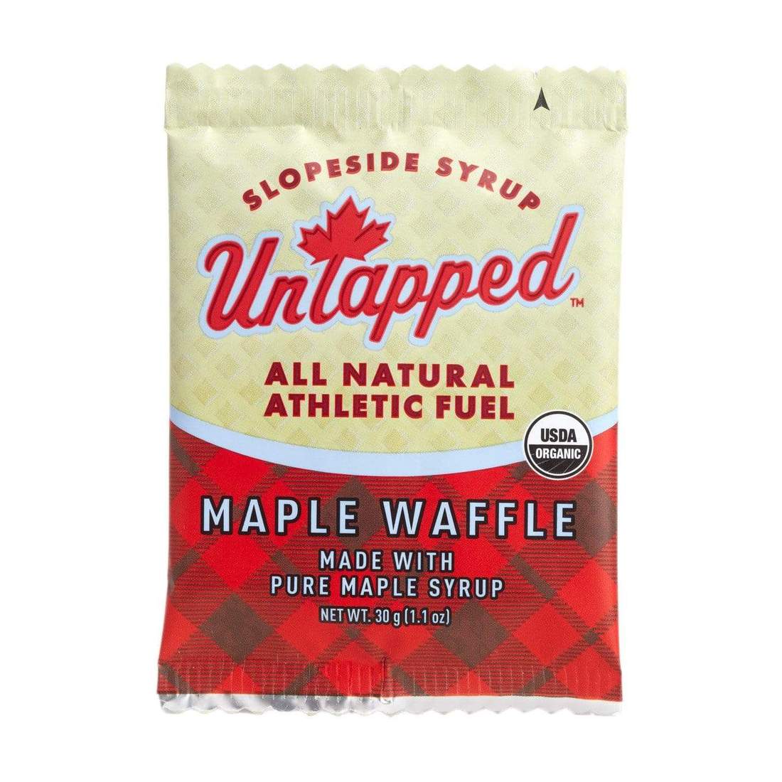 Untapped Maple Waffle snack with maple syrup and USDA Organic seal on red plaid base on Tampa Home & Garden Store