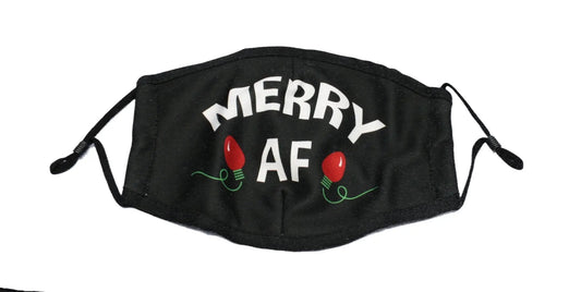 Holiday face mask Merry AF, black fabric with white text, by The Country Christmas Loft on Tampa Home & Garden Store