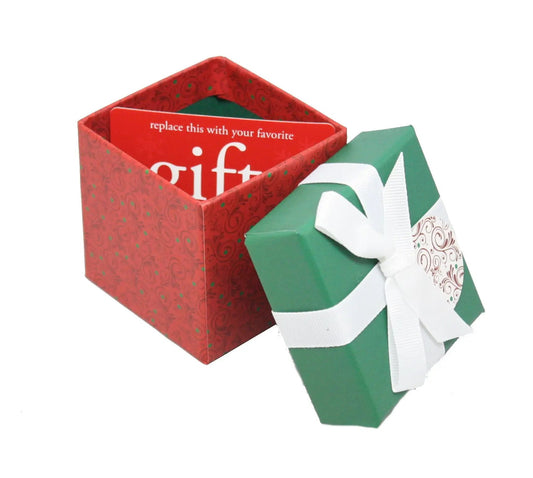 Red burgundy swirl Gift Card Cube Box with card insert, green gift box and white ribbon on Tampa Home & Garden Store