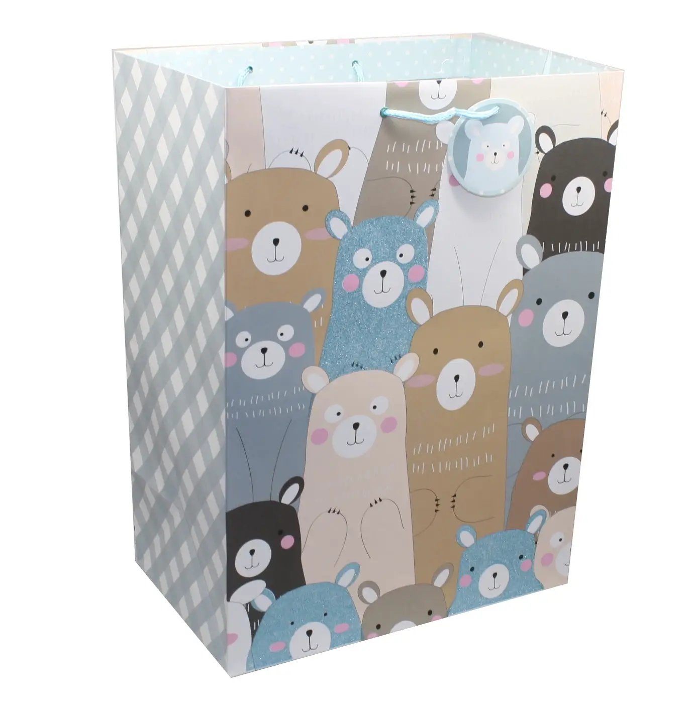 Heavy Weight Mega Jumbo Bear Gift Bag featuring glitter blue bear among pastel bears on Tampa Home & Garden Store