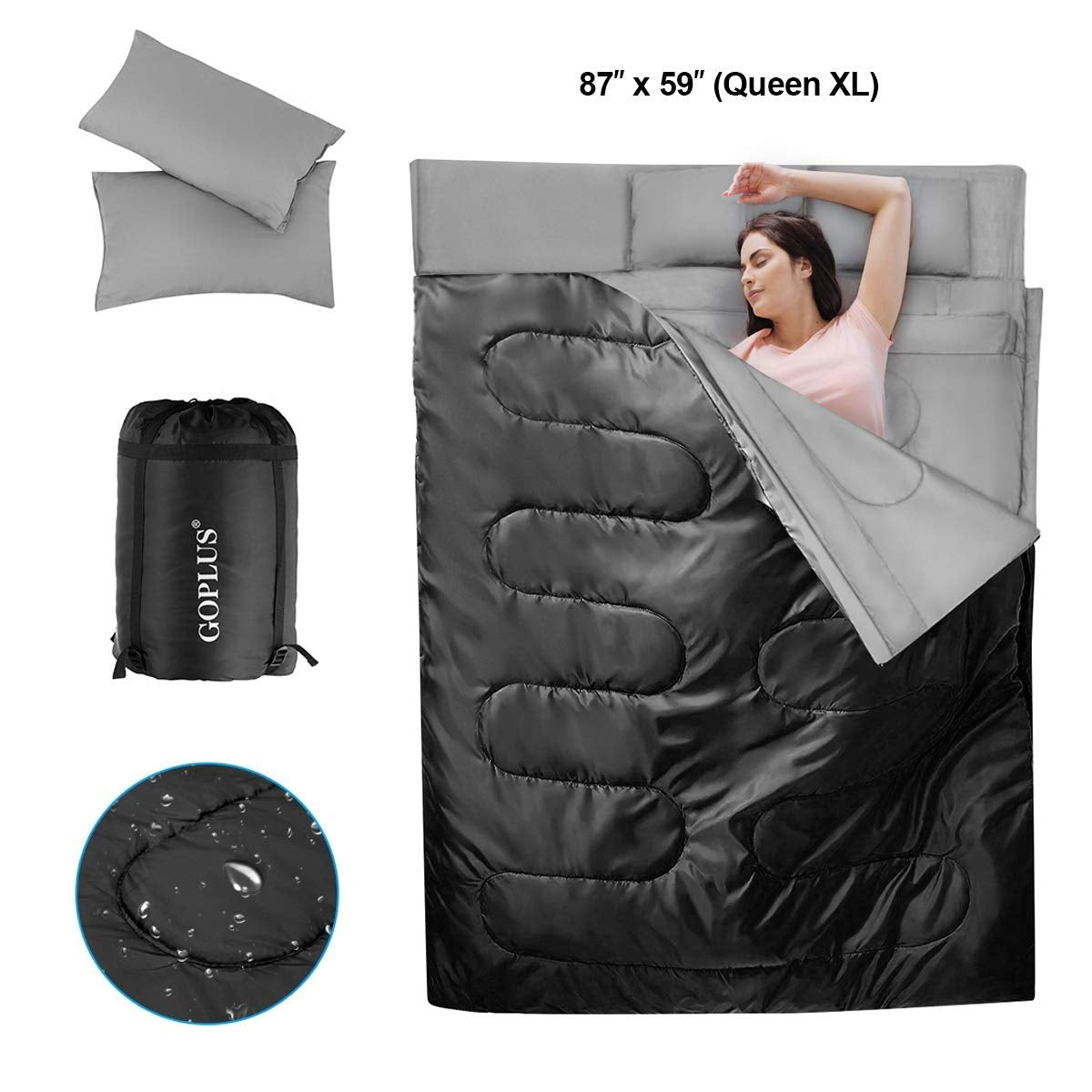 GemGear 2-Person Waterproof Sleeping Bag with 2 Pillows in black/gray including carry bag on Tampa Home & Garden Store