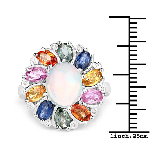 Ring: 925 silver Ethiopian opal centerpiece with colorful sapphires and white diamonds on Tampa Home & Garden Store