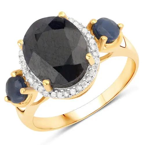 Ring with dark center stone, diamond halo, gold setting, blue sapphire side stones on Tampa Home & Garden Store
