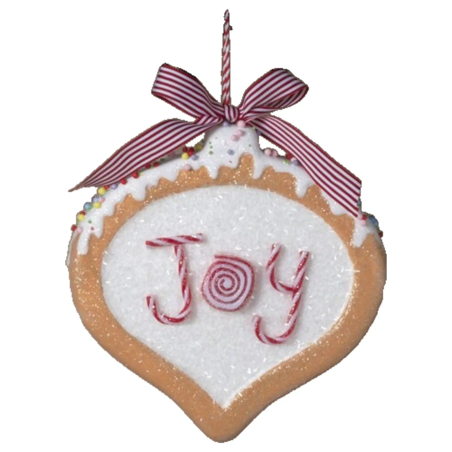 Joyful Gingerbread Ornament with white icing, red swirl candy details, striped red ribbon on Tampa Home & Garden Store