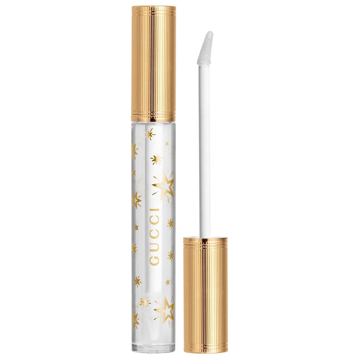 Gucci Hydrating Lip Gloss clear tube with gold star print clear, gold cap and wand applicator on Tampa Home & Garden Store
