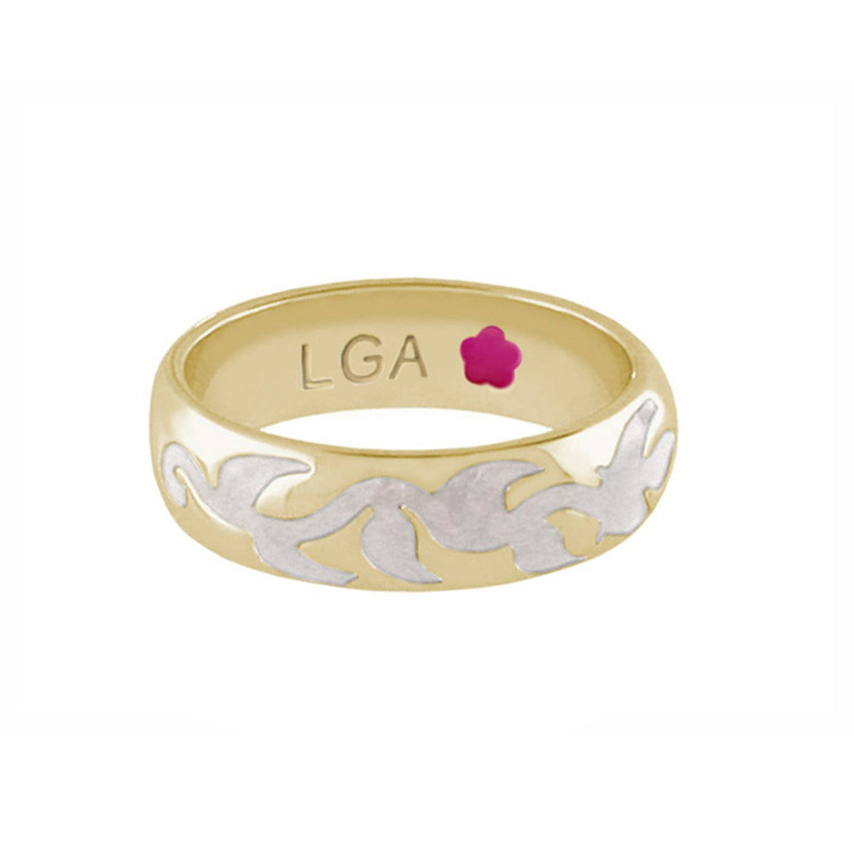 Daisy Swirl Band Ring by LGA, gold two-tone stackable ring with floral swirl motif on Tampa Home & Garden Store
