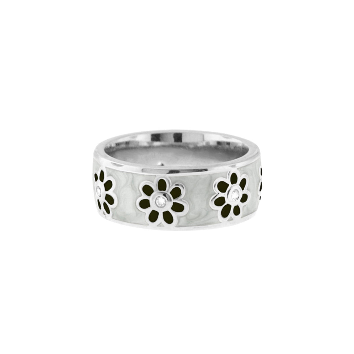 Daisy Love Band Ring open flower design, silver band with white marbled inlay and crystal centers, Lauren G Adams on Tampa Home & Garden Store